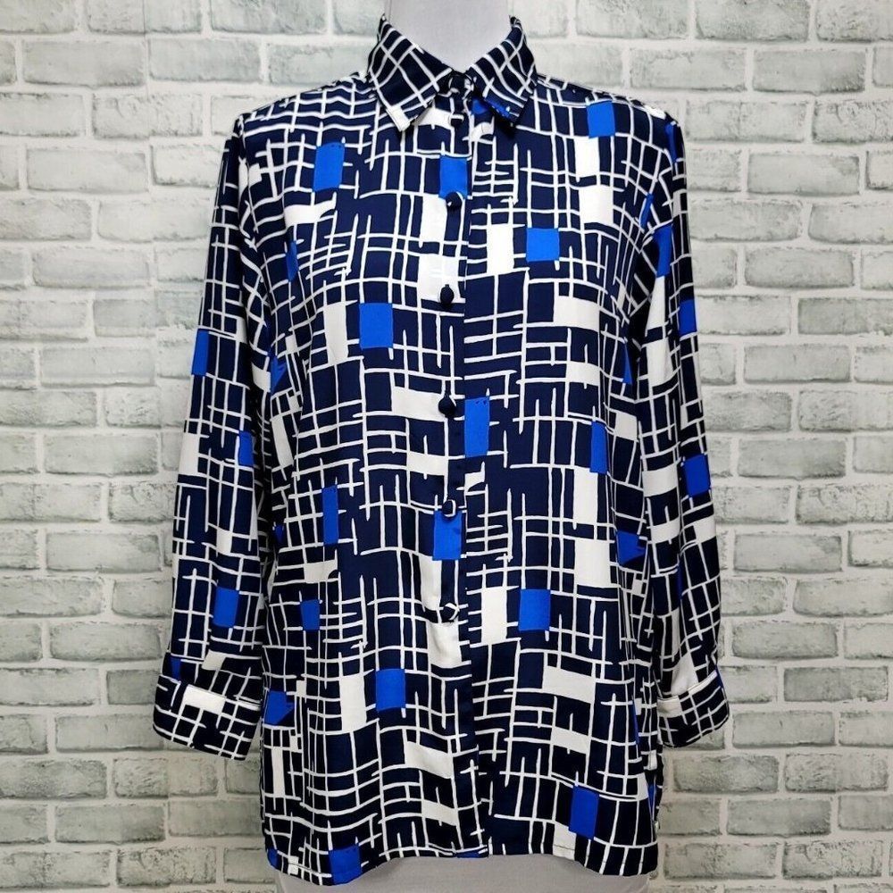 Vintage 90s Liz Baker Womens M Black Blue Abstract Geo Button Front Blouse L/S